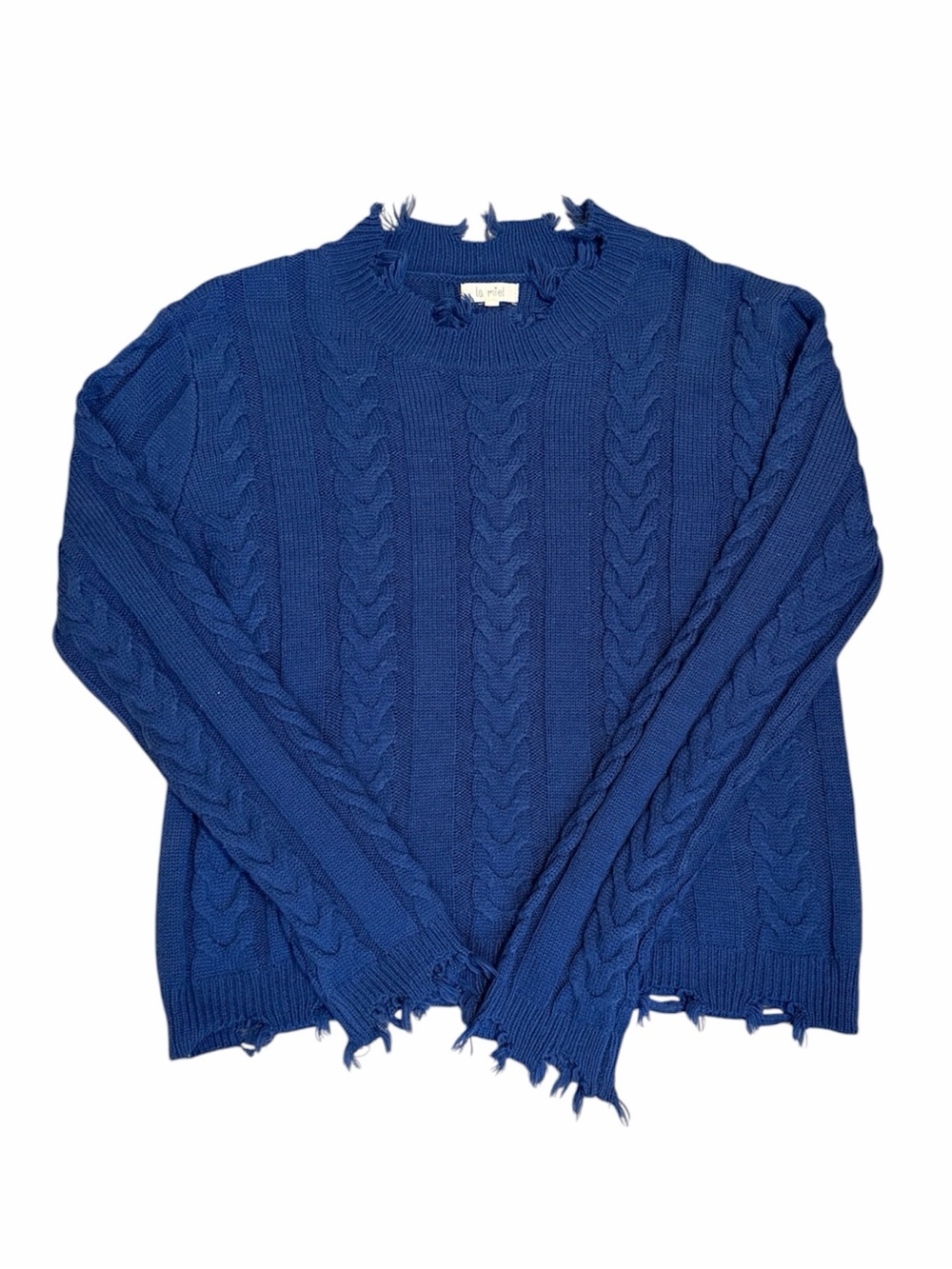 LA MIEL Cobalt Blue Distressed Cable Knit Sweater